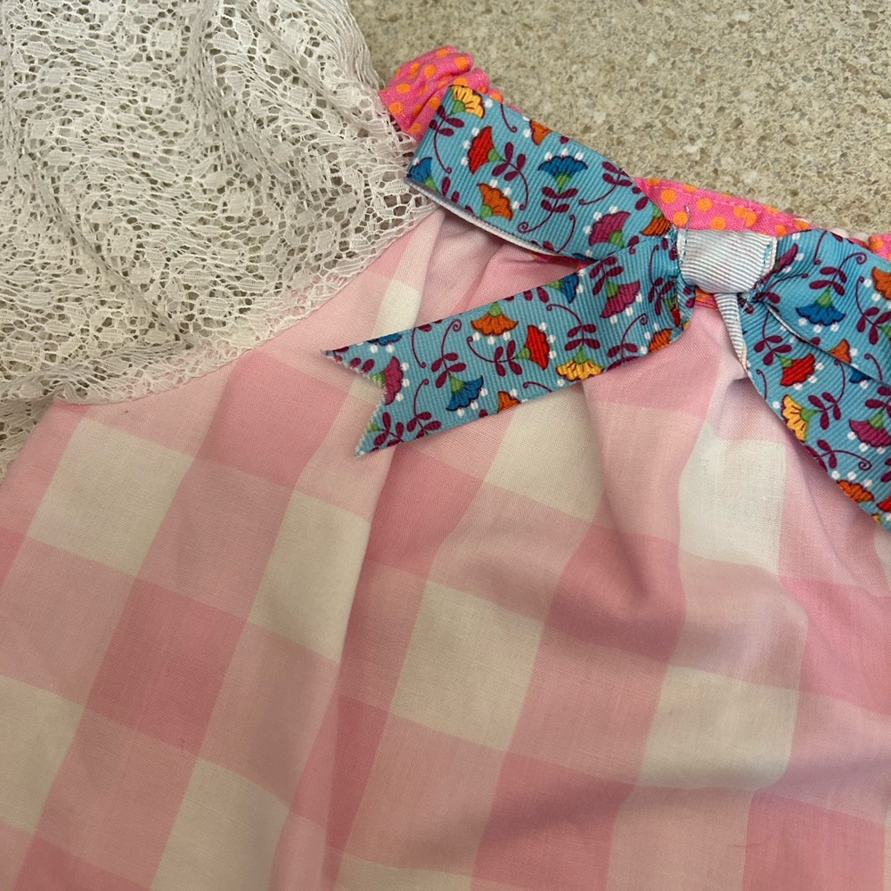 Freckled Chicken Girls 3rd Birthday Pink Gingham Lace Applique Dress - Picture 4 of 5